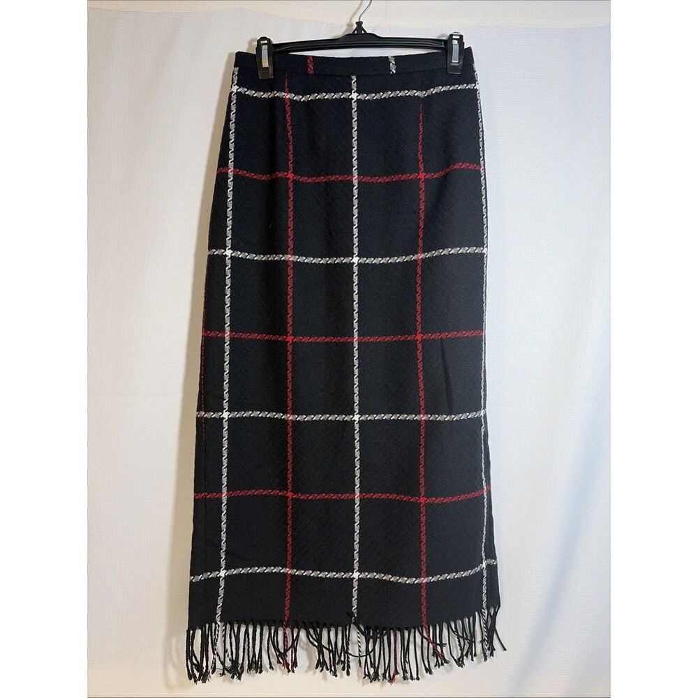 Vintage Nouveaux Black Plaid Lined Maxi Skirt Fringed Hem Womens 6